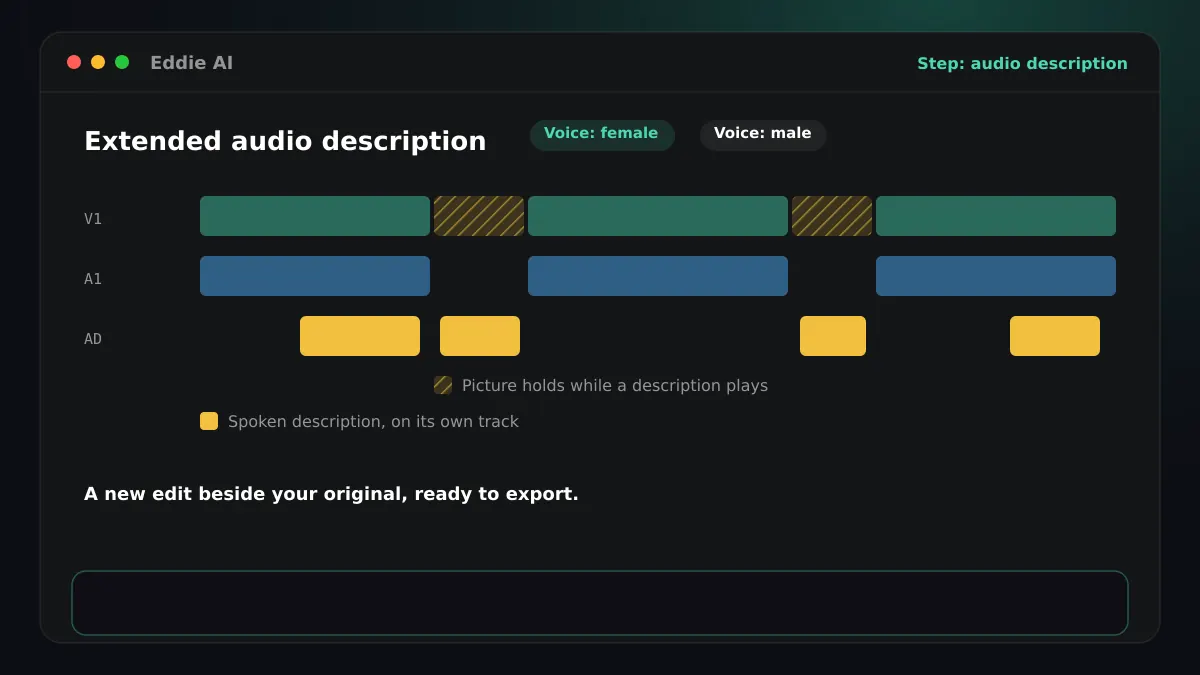 Step 4: a timeline with held frames on the picture track and spoken descriptions on their own track, with an English sample line in the transcript slot