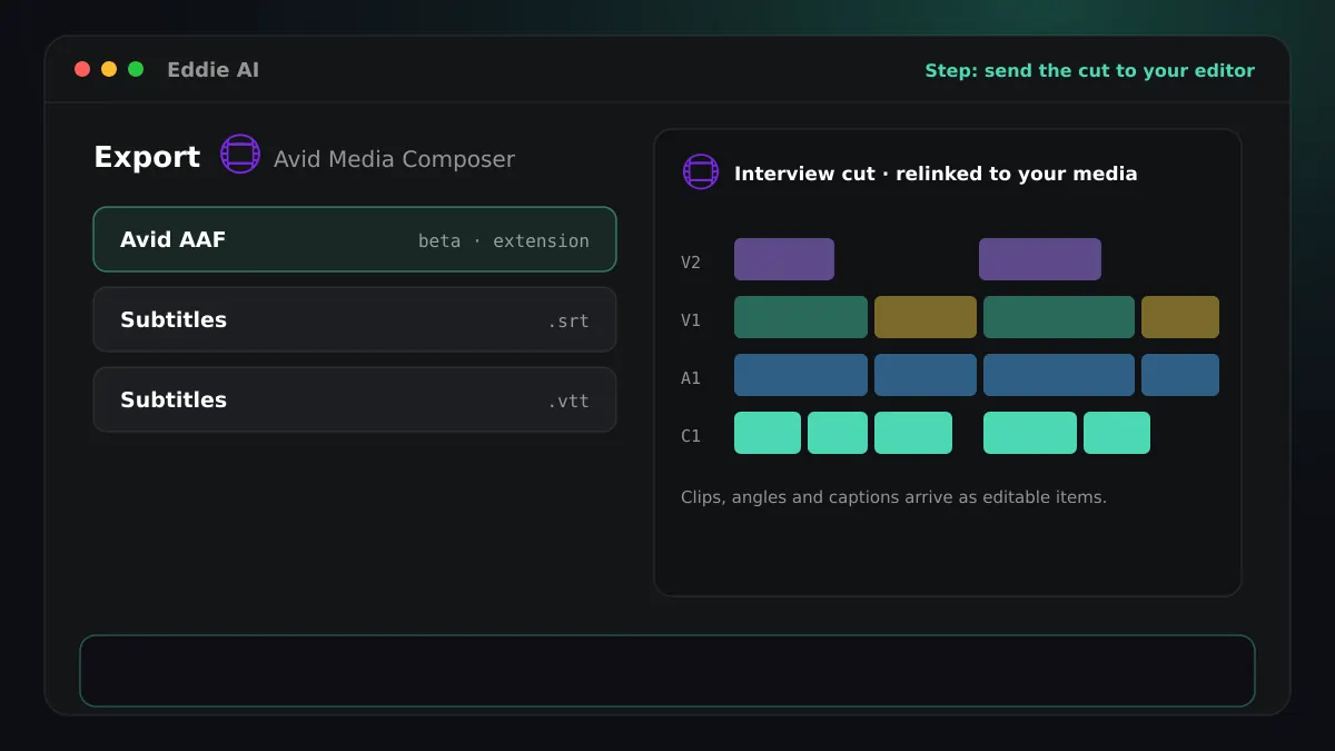Step 6: the export menu for Avid Media Composer beside a timeline with picture, sound and caption tracks, with an Arabic sample line in the transcript slot