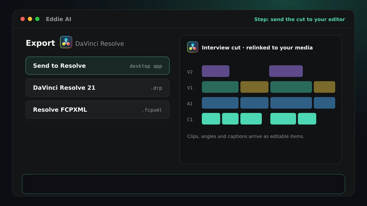 The export menu for DaVinci Resolve beside a timeline with picture, sound and caption tracks, with a Tamil sample line in the transcript slot