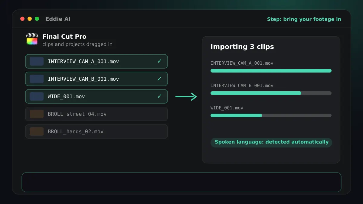 Step 1: interview clips picked in a Final Cut Pro bin and importing into Eddie, with a Czech sample line in the transcript slot