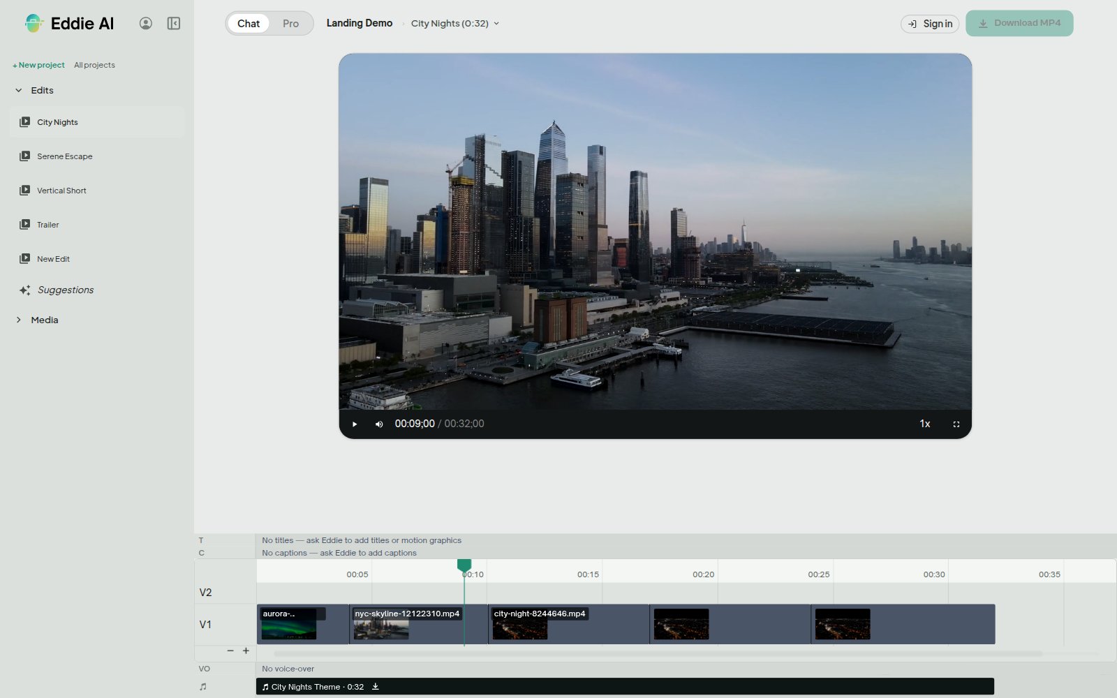 The Eddie AI editor: a project's edits in the sidebar, the player, and a timeline with video and music tracks