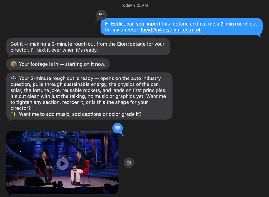 An iMessage thread with Eddie: a request for a two-minute rough cut, Eddie confirming and reporting progress, then the finished cut arriving as a video