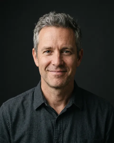 AI-generated portrait of Adam, a middle-aged white man with short grey hair and a dark button-up shirt, smiling softly against a dark grey backdrop.