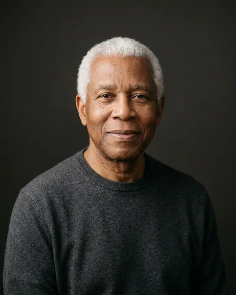 AI-generated portrait of Bill, an older Black man with short white hair and a dark knit sweater, smiling softly against a dark grey backdrop.