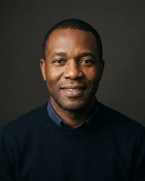 AI-generated portrait of Daniel, a middle-aged Black man with short cropped hair and a dark jumper over a collared shirt, smiling softly against a dark grey backdrop.