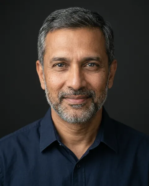 AI-generated portrait of George, a middle-aged South Asian man with short grey-flecked hair, a trimmed beard and a dark collared shirt, smiling softly against a dark grey backdrop.