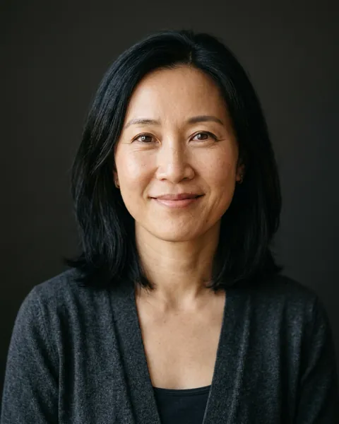 AI-generated portrait of Lily, a middle-aged East Asian woman with shoulder-length black hair and a dark cardigan, smiling softly against a dark grey backdrop.