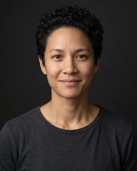 AI-generated portrait of River, a middle-aged mixed-heritage person with short curly dark hair and a dark crew-neck top, smiling softly against a dark grey backdrop.