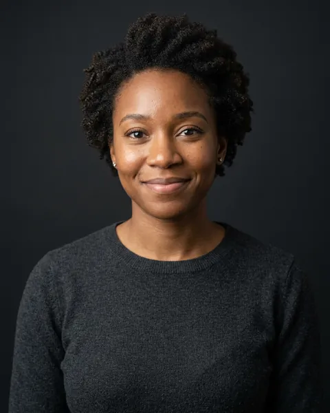 AI-generated portrait of Sarah, a young Black woman with short natural hair and a dark crew-neck sweater, smiling softly against a dark grey backdrop.